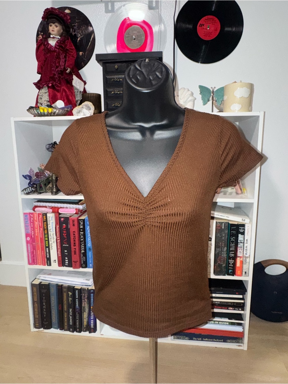 YMI Brown Ribbed V-Neck Crop Top